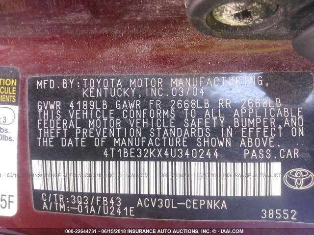 4T1BE32KX4U340244 - 2004 TOYOTA CAMRY LE/XLE/SE მუქწითელი ფოტო 9
