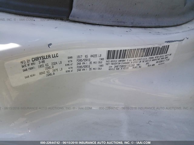 3A8FY58B98T151268 - 2008 CHRYSLER PT CRUISER TOURING WHITE photo 9