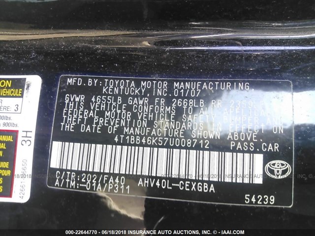 4T1BB46K57U008712 - 2007 TOYOTA CAMRY NEW GENERATION HYBRID BLACK photo 9