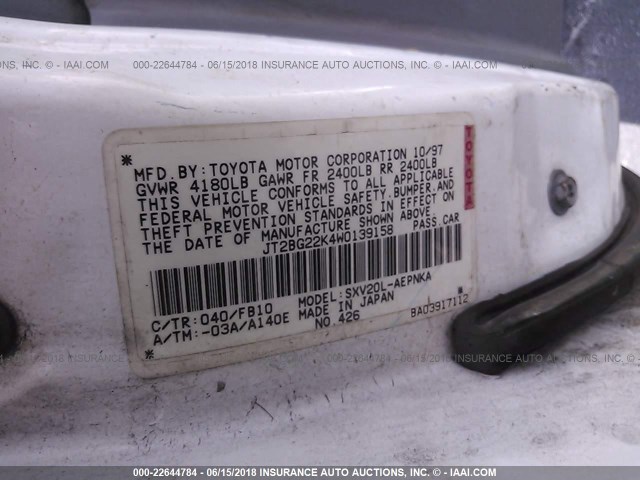 JT2BG22K4W0139158 - 1998 TOYOTA CAMRY CE/LE/XLE WHITE photo 9