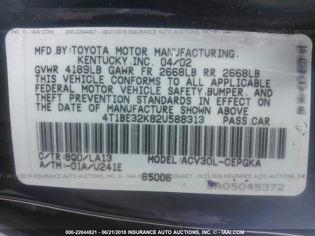 4T1BE32K82U588313 - 2002 TOYOTA CAMRY LE/XLE/SE Mavi foto 9