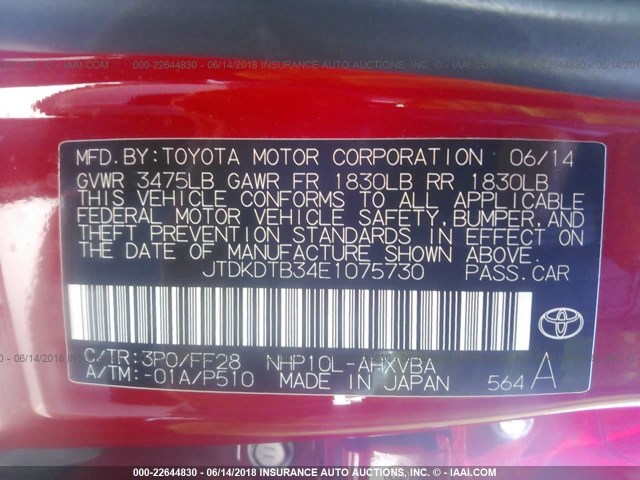 JTDKDTB34E1075730 - 2014 TOYOTA PRIUS C RED photo 9