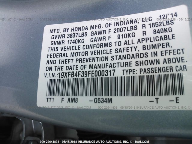 19XFB4F39FE000317 - 2015 HONDA CIVIC HYBRID L Light Blue photo 9