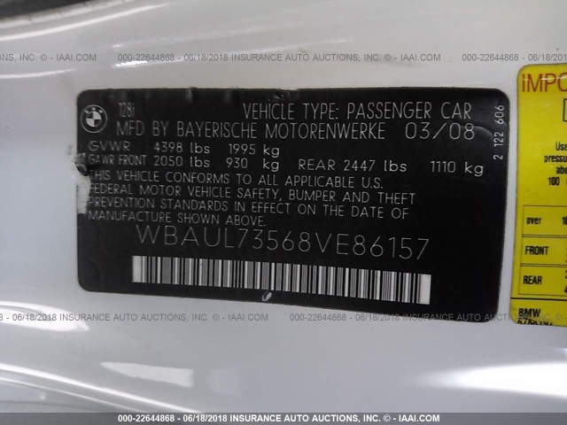 WBAUL73568VE86157 - 2008 BMW 128 I WHITE photo 9