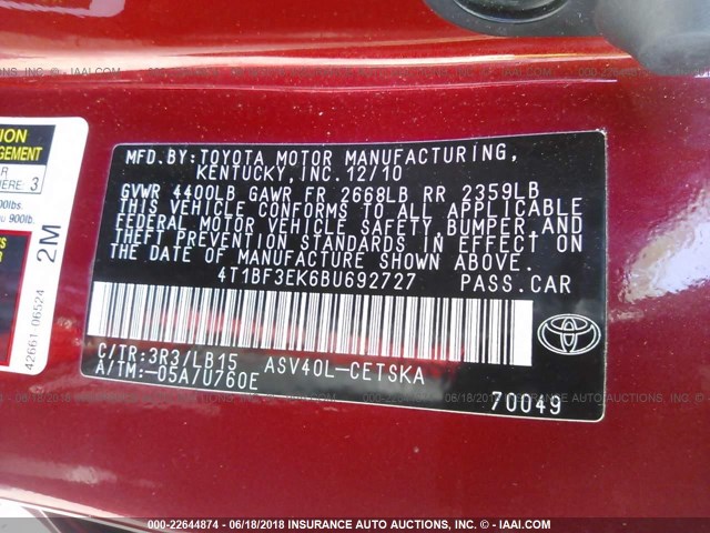4T1BF3EK6BU692727 - 2011 TOYOTA CAMRY SE/LE/XLE RED photo 9