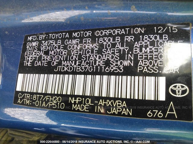 JTDKDTB37G1116953 - 2016 TOYOTA PRIUS C BLUE photo 9