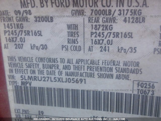 5LMRU27L5XLJ05691 - 1999 LINCOLN NAVIGATOR 勃艮第红 照片 9