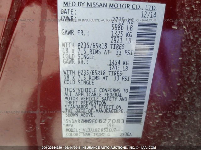 5N1AR2MN9FC627083 - 2015 NISSAN PATHFINDER S/SV/SL/PLATINUM 红色 照片 9