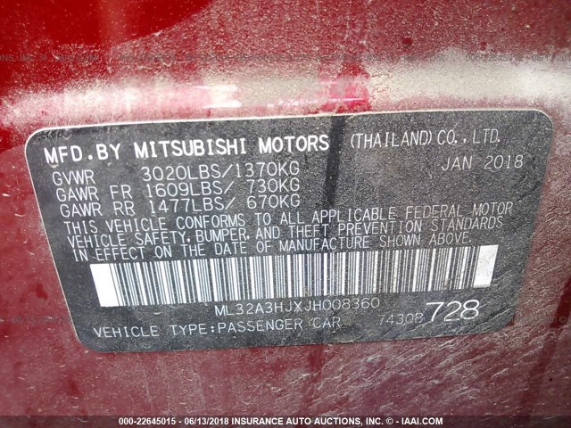 ML32A3HJXJH008360 - 2018 MITSUBISHI MIRAGE ES RED photo 9