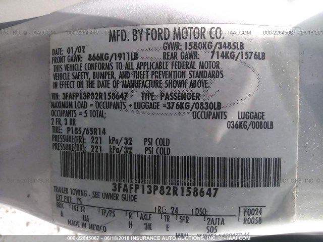 3FAFP13P82R158647 - 2002 FORD ESCORT SILVER photo 9