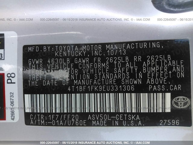 4T1BF1FK9EU331306 - 2014 TOYOTA CAMRY L/SE/LE/XLE 银色 照片 9