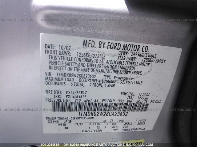 1FMDK02W28GA23632 - 2008 FORD TAURUS X SEL SILVER photo 9