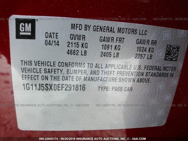 1G11J5SX0EF291816 - 2014 CHEVROLET MALIBU LTZ 红色 照片 9