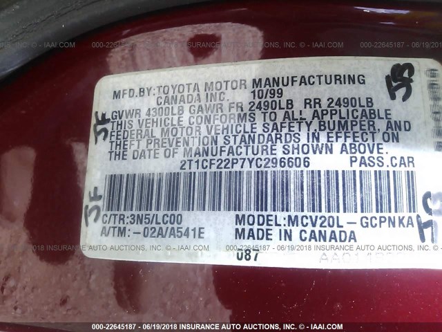 2T1CF22P7YC296606 - 2000 TOYOTA CAMRY SOLARA SE/SLE RED photo 9
