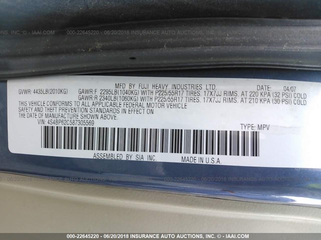 4S4BP62C587305569 - 2008 SUBARU OUTBACK 2.5I LIMITED BLUE photo 9