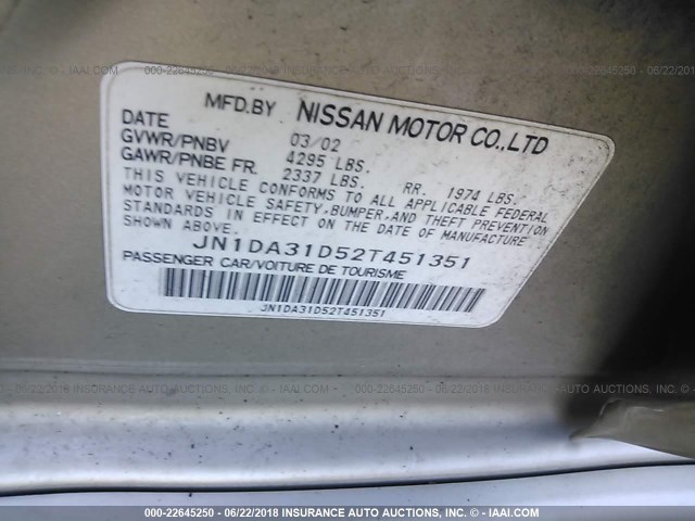 JN1DA31D52T451351 - 2002 NISSAN MAXIMA GLE/GXE/SE TAN photo 9