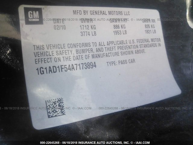 1G1AD1F54A7173894 - 2010 CHEVROLET COBALT 1LT BLACK photo 9