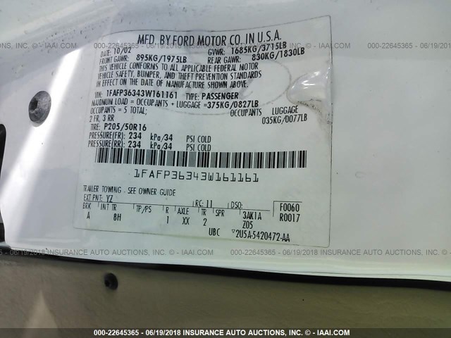 1FAFP36343W161161 - 2003 FORD FOCUS SE/SE SPORT/ZTW WHITE photo 9