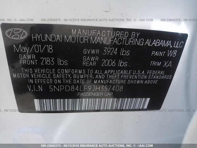 5NPD84LF9JH357408 - 2018 HYUNDAI ELANTRA SEL/VALUE/LIMITED WHITE photo 9