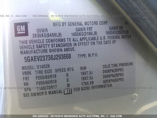 5GAEV23738J293668 - 2008 BUICK ENCLAVE CXL 棕色 照片 9