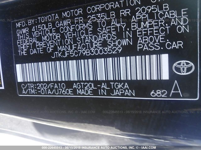 JTKJF5C79B3003529 - 2011 TOYOTA SCION TC 黑色 照片 9