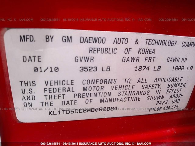 KL1TD5DE8AB082884 - 2010 CHEVROLET AVEO LS/LT 红色 照片 9