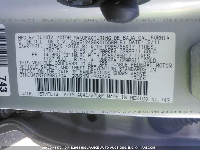 3TMLU4EN7CM087734 - 2012 TOYOTA TACOMA DOUBLE CAB ვერცხლისფერი ფოტო 9