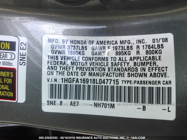 1HGFA16918L047715 - 2008 HONDA CIVIC EXL Pewter photo 9