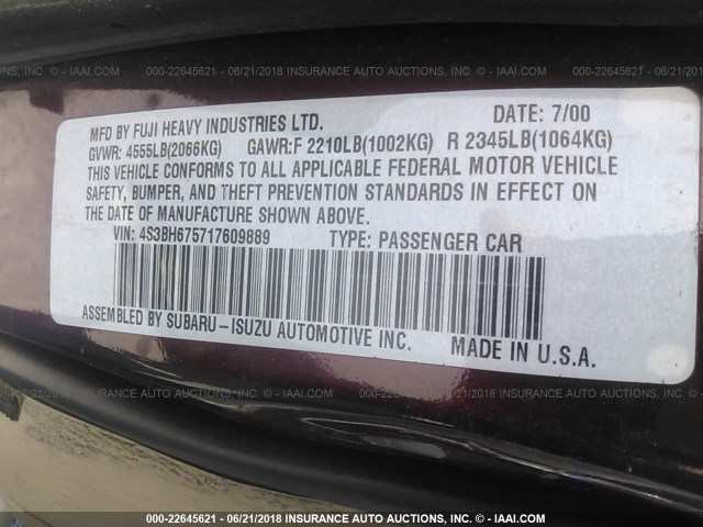 4S3BH675717609889 - 2001 SUBARU LEGACY OUTBACK AWP 红色 照片 9