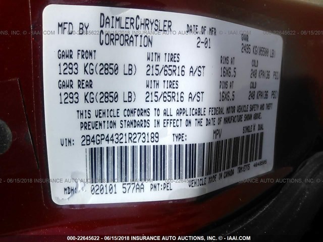 2B4GP44321R273189 - 2001 DODGE GRAND CARAVAN SPORT RED photo 9