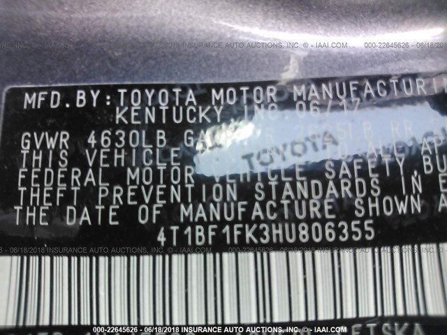 4T1BF1FK3HU806355 - 2017 TOYOTA CAMRY LE/XLE/SE/XSE GRAY photo 9