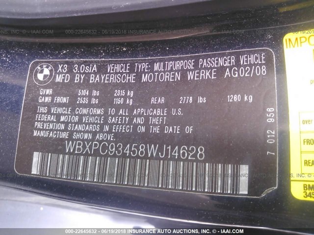 WBXPC93458WJ14628 - 2008 BMW X3 3.0SI BLUE photo 9