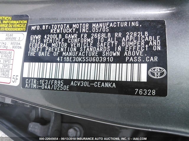 4T1BE30K55U603910 - 2005 TOYOTA CAMRY LE/XLE/SE Boz foto 9