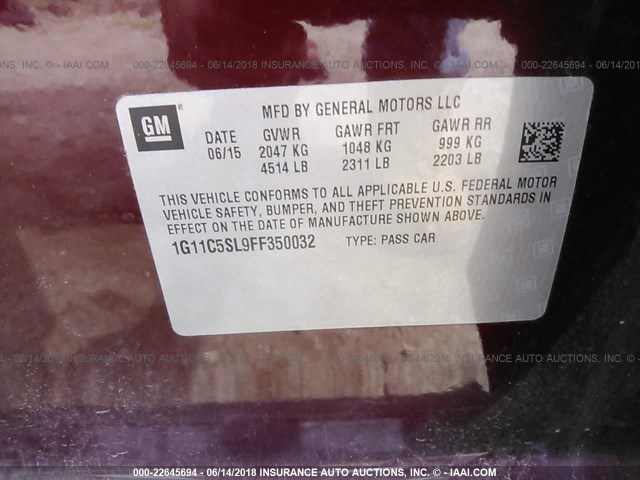 1G11C5SL9FF350032 - 2015 CHEVROLET MALIBU 1LT 红色 照片 9