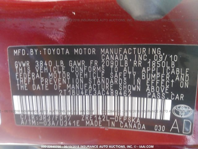 2T1BU4EE3AC489462 - 2010 TOYOTA COROLLA S/LE/XLE RED photo 9