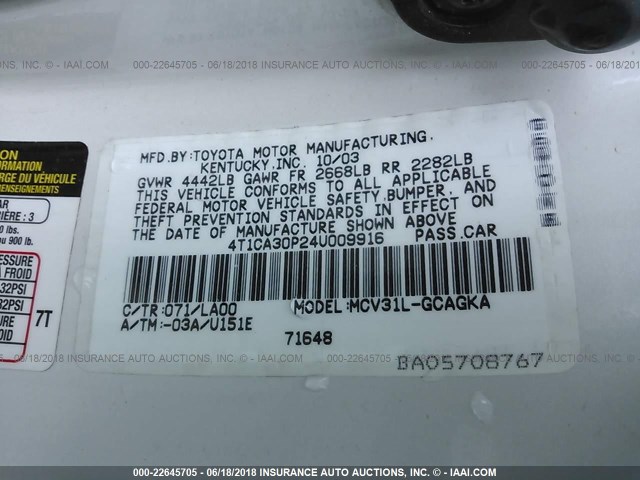 4T1CA30P24U009916 - 2004 TOYOTA CAMRY SOLARA SE/SLE თეთრი ფოტო 9