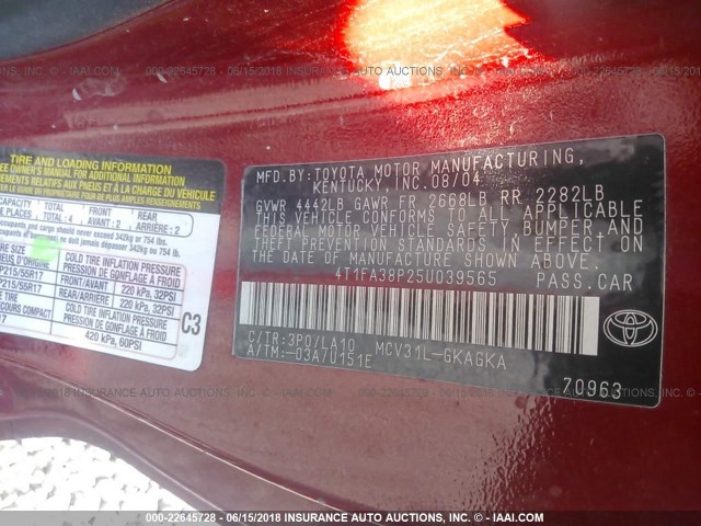 4T1FA38P25U039565 - 2005 TOYOTA CAMRY SOLARA SE/SLE 红色 照片 9