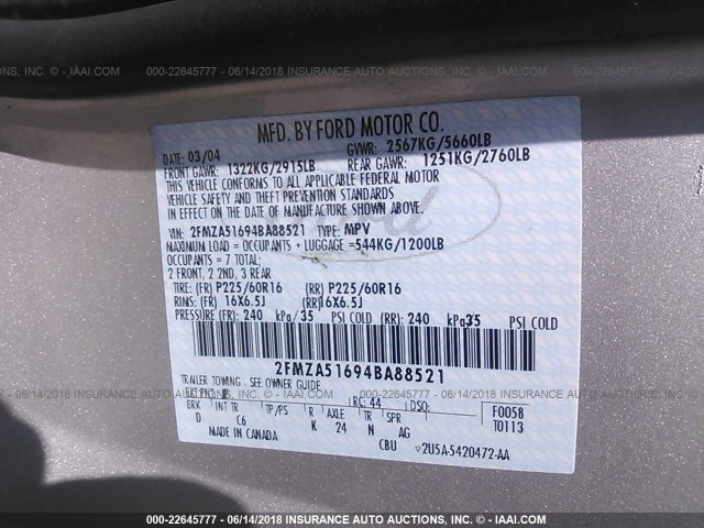 2FMZA51694BA88521 - 2004 FORD FREESTAR SE SILVER photo 9