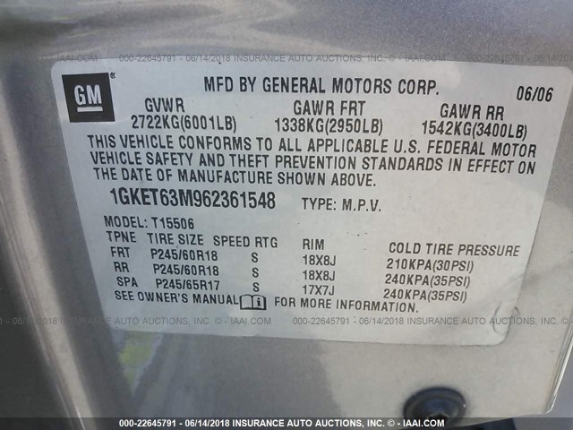 1GKET63M962361548 - 2006 GMC ENVOY DENALI Pewter photo 9