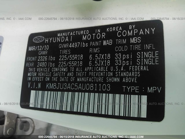 KM8JU3AC5AU081103 - 2010 HYUNDAI TUCSON GLS/LIMITED 白色 照片 9