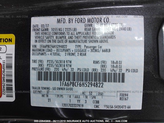 1FA6P8CF6H5294822 - 2017 FORD MUSTANG GT GRAY photo 9