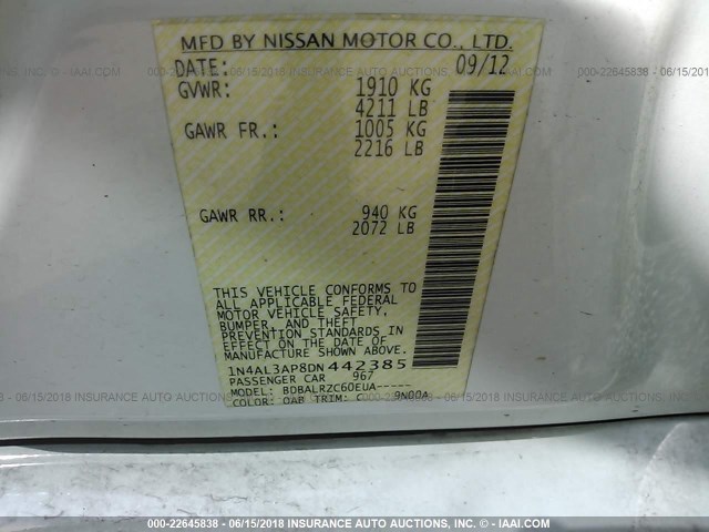 1N4AL3AP8DN442385 - 2013 NISSAN ALTIMA 2.5/S/SV/SL WHITE photo 9