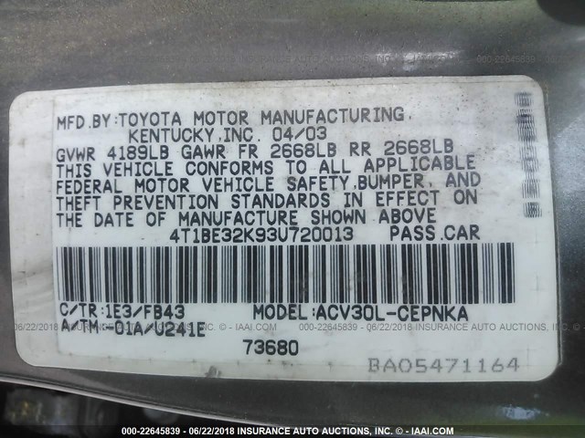 4T1BE32K93U720013 - 2003 TOYOTA CAMRY LE/XLE/SE Boz foto 9