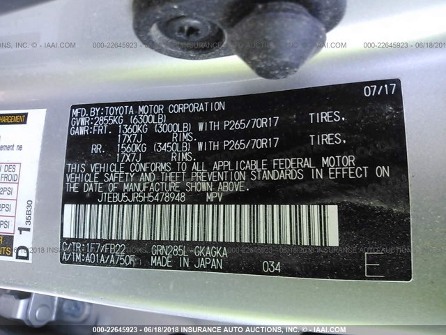 JTEBU5JR5H5478948 - 2017 TOYOTA 4RUNNER SR5 PREM/LTDL/TRAIL/TRD SILVER photo 9