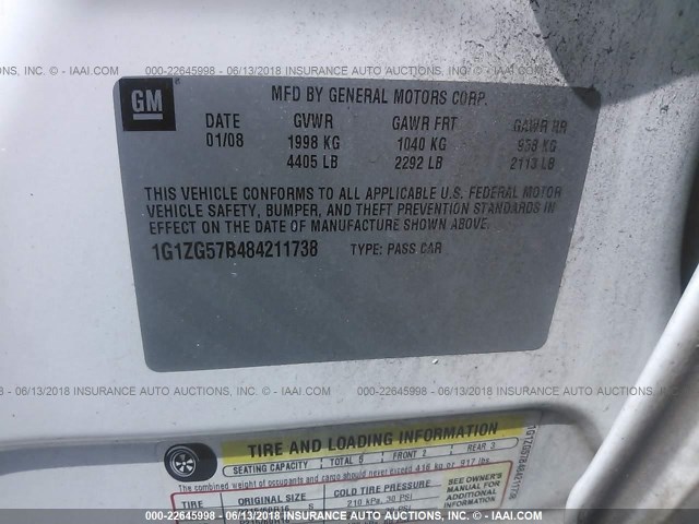 1G1ZG57B484211738 - 2008 CHEVROLET MALIBU LS WHITE photo 9