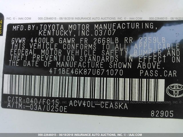 4T1BE46K87U671070 - 2007 TOYOTA CAMRY NEW GENERAT CE/LE/XLE/SE WHITE photo 9
