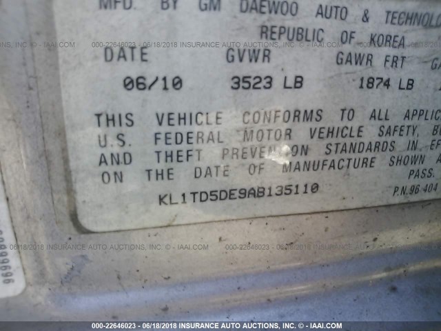 KL1TD5DE9AB135110 - 2010 CHEVROLET AVEO LS/LT SILVER photo 9