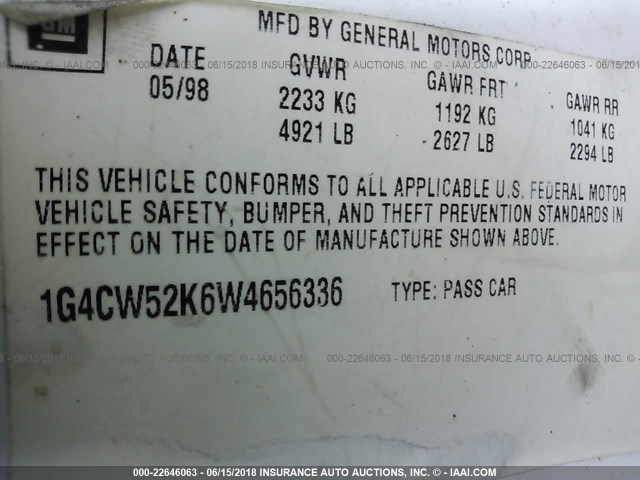 1G4CW52K6W4656336 - 1998 BUICK PARK AVENUE  WHITE photo 9