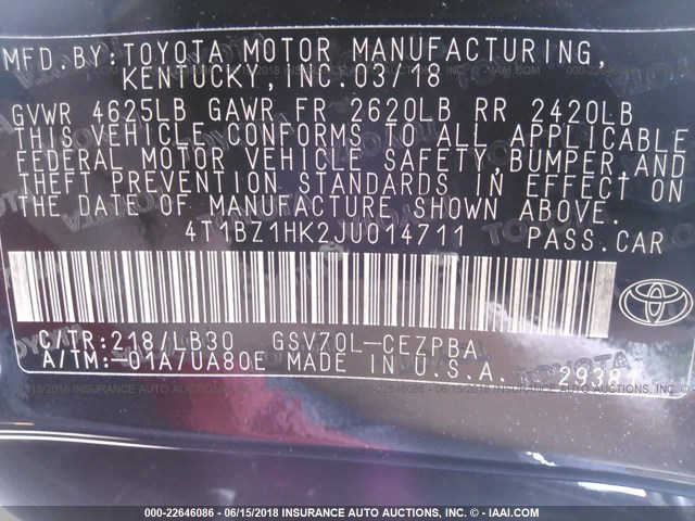 4T1BZ1HK2JU014711 - 2018 TOYOTA CAMRY XSE/XLE BLACK photo 9