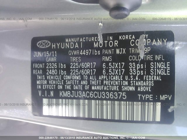 KM8JU3AC6CU336375 - 2012 HYUNDAI TUCSON GLS/LIMITED 银色 照片 9